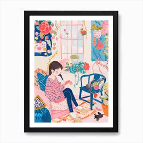 Girl Knitting Lo Fi Kawaii Illustration 1 Affiche