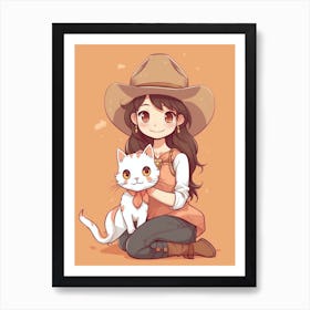 Cute Cowgirl With Cat 1 Art Print