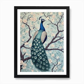 Chalk Blue Blossom Peacock Wallpaper Art Print