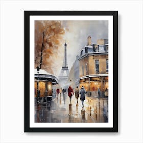 Paris cafes, winter season, Christmas, autumn oil colors, pale colors, pedestrians in the street, winter clothes, falling snow.Christmas decorations.10 2 Art Print