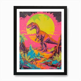 Neon Dinosaur At Night In Jurassic Landscape 3 Art Print