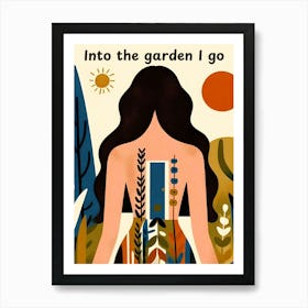 Into The Garden I Go, sun, long dark hair woman, abstract Art Print