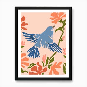 Blue Bird with orange flowers Art Print