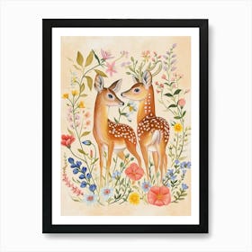 Folksy Floral Animal Drawing Deer 4 Art Print
