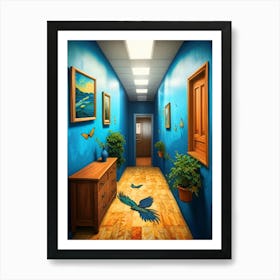 Hallway With Blue Walls Art Print