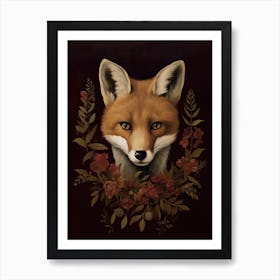 Fox Portrait With Rustic Flowers 1 Art Print