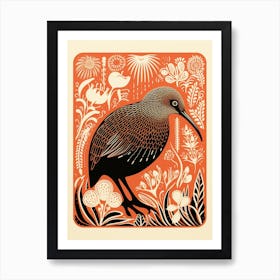 Vintage Bird Linocut Kiwi 2 Art Print