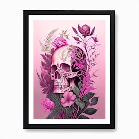 Skull With Intricate Linework 2 Pink Botanical Art Print