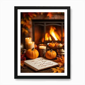 Cozy Handwritten Thanksgiving Greeting Nestled Within An Ornate Autumnal Border Featuring A Rich Art Print