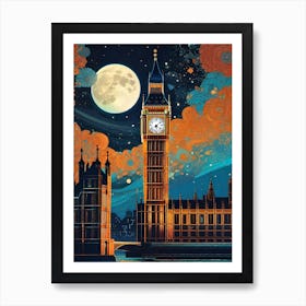 Big Ben London England ~ Full Moon Travel Adventure Visionary Wall Decor Futuristic Sci-Fi Trippy Surrealism Modern Digital Psychedelic Cubic Fantasy Art Full Moons Stars Mandala Spiritual Fractals Space Britain Vibrant Art Print