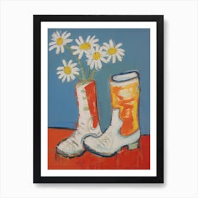 A Painting Of Cowboy Boots With Daisies Flowers, Pop Art Style 15 Art Print