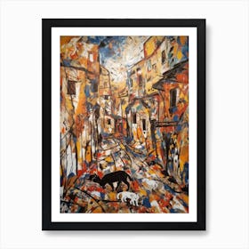 Painting Of A Marrakech With A Cat In The Style Of Abstract Expressionism, Pollock Style 1 Art Print
