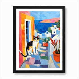 Painting Of A Cat In Santorini Greece 3 Art Print