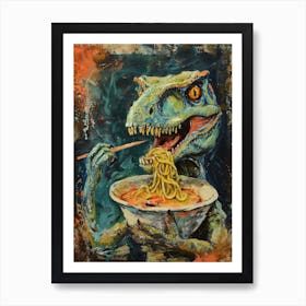 Dinosaur Eating Ramen Blue Brushstroke 1 Art Print