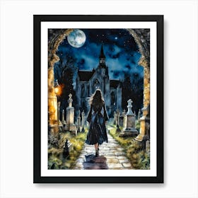 Her Favourite Place (A Gothic Graveyard) by Lyra O'Brien, also known as Lyra The Lavender Witch, is a hauntingly beautiful gothic wall art print perfect for witchy, spiritual women and lovers of dark feminine energy. Set under a glowing full moon, the piece captures a mysterious figure in a flowing black dress walking through a moonlit graveyard toward a gothic cathedral — evoking themes of magic, solitude, and sacred connection. This artwork is ideal for those drawn to pagan, Wiccan, and occult aesthetics, making it the perfect addition to Halloween decor or year-round gothic home styling. Whether you're decorating your altar, sacred space, or creating a gallery wall filled with moody mystique, this cemetery-inspired piece adds a touch of otherworldly beauty to any room. Perfect for fans of spooky cemetery art, gothic prints, witchy wall decor, and magical moonlit landscapes. Art Print