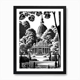 Parque Del Retiro, Spain Linocut Black And White Vintage Art Print