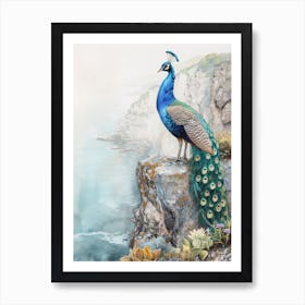 Peacock On A Cliff Edge Watercolour 2 Art Print
