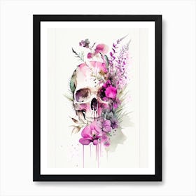 Skull With Watercolor Or Splatter Effects Pink 1 Botanical Art Print