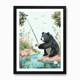 American Black Bear Fishing In A Stream Storybook Illustration 1 Art Print