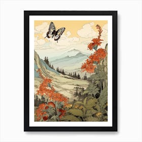 Japanese Style Painting Of A Butterfly With A Mountaneous Backdrop Art Print