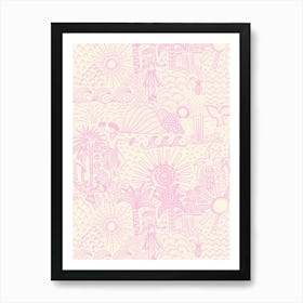 Hawaiian Toile Polynesian Hula Dance Tropical Landscape Pastel Pink Cream White Art Print