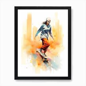 Girl Skateboarding In Dubai, United Arab Emirates Watercolour 3 Art Print