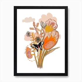 Flower Bouquet And Butterfly Art Print