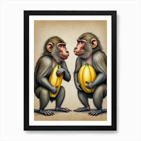 Monkeys Holding Bananas Art Print