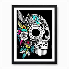 Skull With Bird Motifs 1 Colourful Doodle Art Print