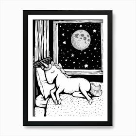 Unicorn Lying In Bed With The Moon Black & White Doodle 2 Art Print