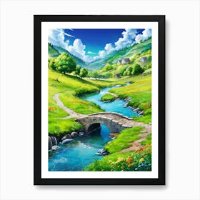 Lofi Anime Art: Picturesque countryside with a stone bridge, vibrant wildflowers, and rolling green hills. Perfect for peaceful and nostalgic vibes. Art Print