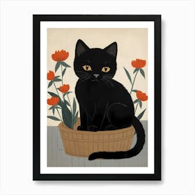 Floral Black Cat Painting (12) Art Print