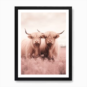 Two Highland Cows Pink Portrait 4 Art Print