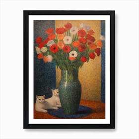 Lisianthus With A Cat 2 Pointillism Style Art Print