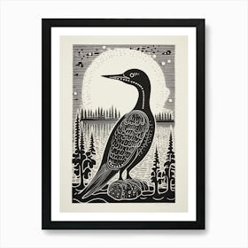 B&W Bird Linocut Loon 2 Art Print