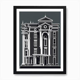 Building With A Clock On The Facade, black and white monochromatic art Art Print