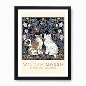 William Morris  Inspired  Classic Cats Brown And White Blue Kittens Art Print