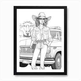 Line Art Cowgirl Illustration 1 Art Print