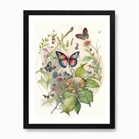 Butterflies On Plants Watercolour Ink 1 Art Print