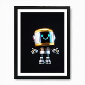 Cartoon Happy Cybernetic Robot Emoji On A Black Backdrop Minimalist 3d Render Holographic Gradient Art Print