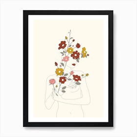 Colorful Thoughts Minimal Line Art Woman With Wild Roses Art Print