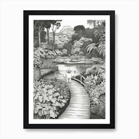 Drawing Of A Dog In Royal Botanic Gardens, Kandy Sri Lanka In The Style Of Black And White Colouring Pages Line Art 03 Art Print