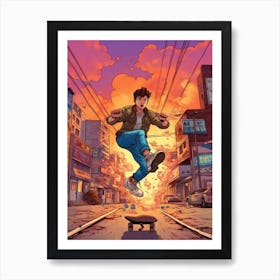 Skateboarding In Seoul, South Korea Comic Style 1 Art Print