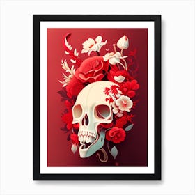 Animal Skull Red Vintage Floral Art Print