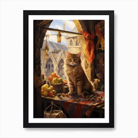 Cat At Medieval Fruit Market 1 Art Print