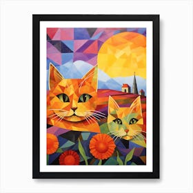 Two Abstract Portaits Of Cats With A Medieval Church In The Background Art Print