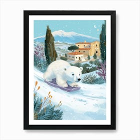 Polar Bear Cub Sledding Down A Snowy Hill Storybook Illustration 4 Art Print