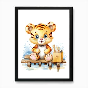 Baby Tiger On A Toy Car, Watercolour Nursery 6 Art Print