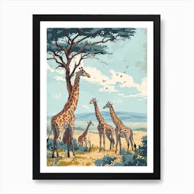 Herd Of Giraffes Resting Under The Tree Modern Illiustration 9 Art Print