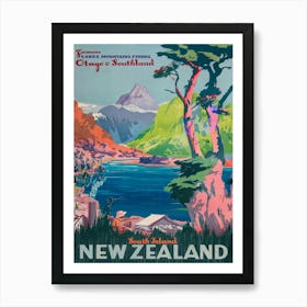 New Zealand, South Island, Vintage Travel Poster Art Print